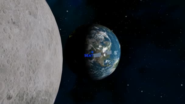 Podejście Seattle Przez Księżyc Satelita Przestrzeń Kosmiczna Ziemia Samolot Render — Wideo stockowe