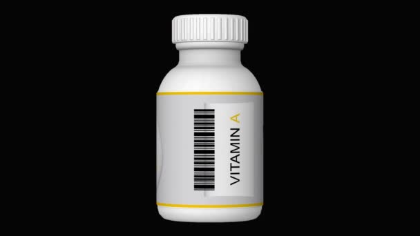 Botella Con Píldoras Vitamina Tabletas Canal Alfa Bucle Render — Vídeos de Stock
