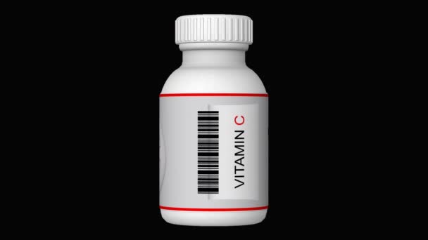 ビタミンCの丸薬が付いているびん タブレット アルファ チャネル ループ 3Dレンダー ロイヤリティフリーストック映像
