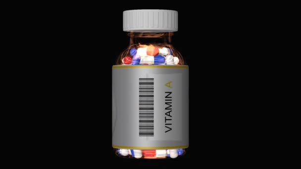 Bottiglia Vetro Con Pillole Vitamina Compresse Canale Alfa Loop Rendering — Video Stock