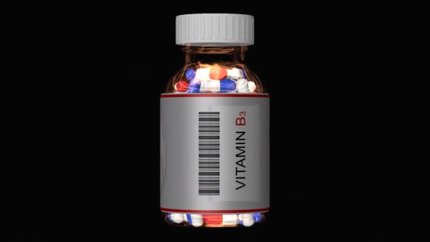 Bottiglia Vetro Con Vitamina Pillole Compresse Canale Alfa Loop Rendering — Video Stock