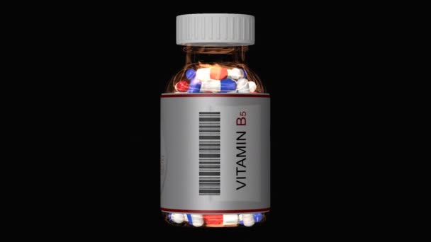 ビタミンB5の丸薬が付いているガラスびん タブレット アルファ チャネル ループ 3Dレンダー ロイヤリティフリーのストック動画