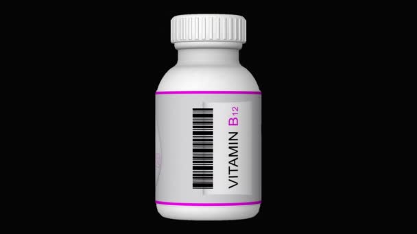 Bottiglia Con Vitamina B12 Pillole Compresse Canale Alfa Loop Rendering — Video Stock