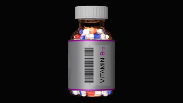 Bottiglia Vetro Con Vitamina B12 Pillole Compresse Canale Alfa Loop — Video Stock