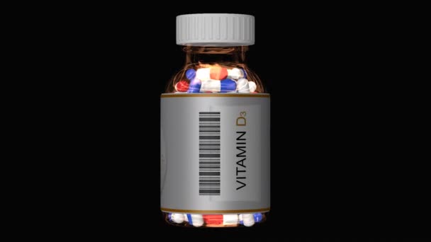 Üvegpalack Vitamin Tablettákkal Tablettákkal Alpha Channel Looped Render — Stock videók