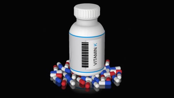 Flaska Med Vitamin Tabletter Piller Alpha Channel Looped Render — Stockvideo