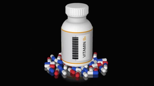 Botella Con Vitamina Tabletas Píldoras Alfa Canal Looped Render — Vídeo de stock