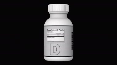 Özel beyaz şişe D vitamini kapsülleri, haplar, Alfa kanalı, döngülü, 3D render