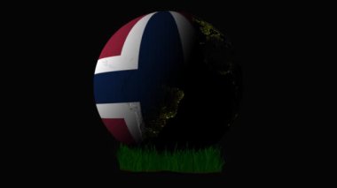 Çimenlerin üzerinde Dünya ve Norveç bayrağı olan şeffaf animasyon, Alfa Kanalı,