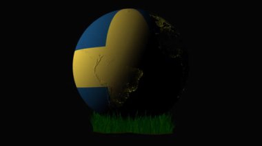 Çimenlerin üzerinde Dünya ve İsveç bayrağı olan şeffaf animasyon, Alpha Channel,