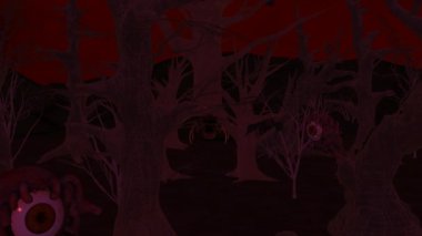 Ormandaki canavarlarla korkunç bir gece sahnesi. Korku, Korku, Yarasa, 3 boyutlu canlandırma.