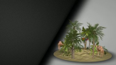 Elit Şablon, Camel 'li vaha ve uçan papağanlar, özel, arka plan, palmiye ağaçları.