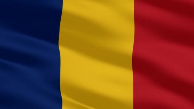 The flag of Romania flows with graceful rhythm, highlighted by a unique premium backdrop of refined sophistication