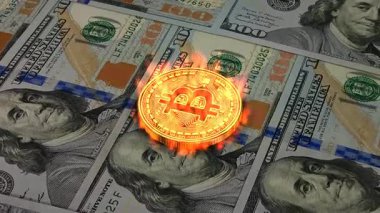 Elit altın bitcoin alevler içinde yanarken uçan 100 dolarlık banknotlar, premium finans, iş, kripto para ve küresel yatırım gücünün sembolü.