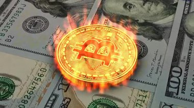 Elit 100 dolarlık banknotları, finans, iş sembolü, kripto para ve servet yatırımıyla çevrili mükemmel altın bitcoin.