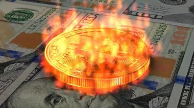 Parlak alevler içinde parlayan altın bitcoin dağınık banknotlar, zarif finans, iş, kripto para ve küresel yatırım illüstrasyon tasarımı