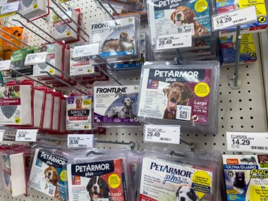 Lynnwood, WA USA - circa August 2022: Wide angle view of pet flea and tick treatments for sale inside a Target retail store.