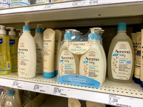 Seattle, WA USA - circa August 2022: Close up focus on Aveeno baby wash products for sale inside a Target retail store.