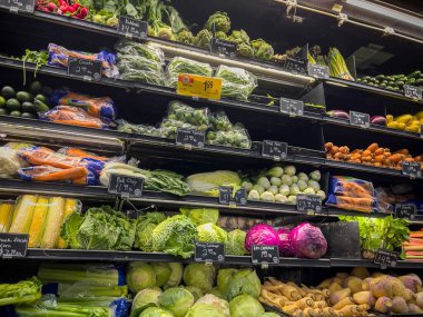 Woodinville, WA USA - Eylül 2022: Haggen bakkalının dondurucu bölümünde satılık ürünlerin yakın görüntüsü.