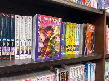 Woodinville, WA USA - Kasım 2022: Bir Barnes ve Noble mağazasında satılık Kahraman Akademi mangam üzerine seçici bir odaklanma.