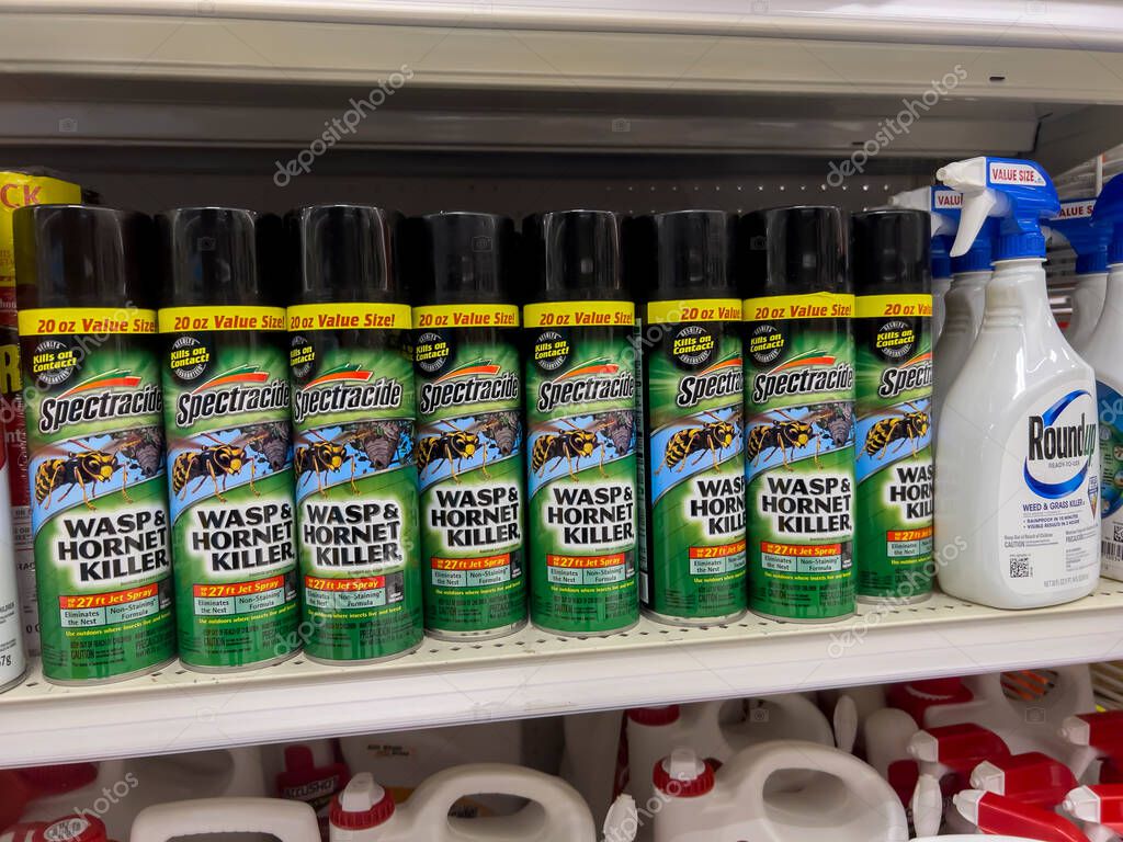 Seattle, WA USA - circa September 2022: Close up view of wasp and hornet killer spray for sale inside a Target store.
