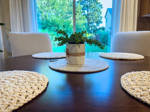Wide view of a round, dark wood table with four knit place mats and a green plant in the center
