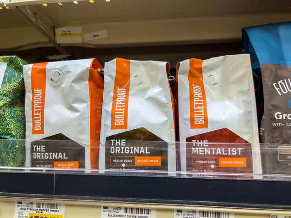 Snohomish, WA USA - circa November 2022: Angled close up on bagged coffee for sale inside a Haggen grocery store.