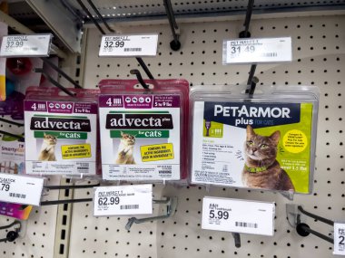 Lynnwood, WA USA - circa December 2022: Close up view of flea and tick medication for cats inside a Target retail store.