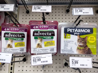 Lynnwood, WA USA - circa December 2022: Close up view of flea and tick medication for cats inside a Target retail store.