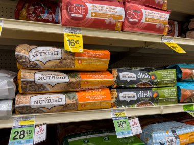 Seattle, WA USA - circa December 2022: Close up view of Rachael Ray Nutrish pet food for sale inside a grocery store.