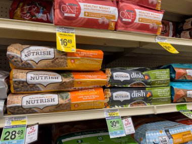 Seattle, WA USA - circa December 2022: Close up view of Rachael Ray Nutrish pet food for sale inside a grocery store.