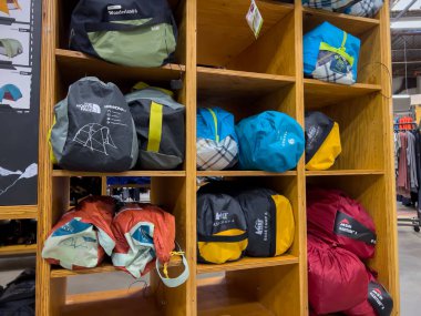 Bellevue, WA USA - circa December 2022: Wide view of outdoor gear and clothing for sale inside an REI store