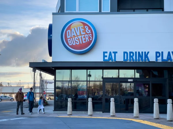Lynnwood, WA USA - circa January 2023: Wide view of the entrance to Dave and Busters at the Alderwood Mall.
