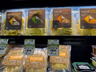 Mill Creek, WA USA - circa December 2022: Close up view of fresh pasta products for sale inside a Sprouts Market.