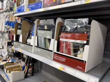 Monroe, WA USA - circa December 2022: Close up view of at home wall painting supplies for sale inside a Walmart store.