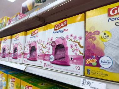 Lynnwood, WA USA - circa January 2023: Angled, selective focus on Glad brand trash bags for sale.