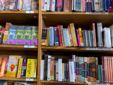 Redmond, WA USA - circa December 2022: Close up view of used audiobooks for sale inside a Half Price Bookstore.