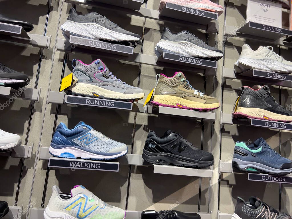 Lynnwood, WA USA - circa March 2023: Close up view of running shoes for sale inside the New Balance store.