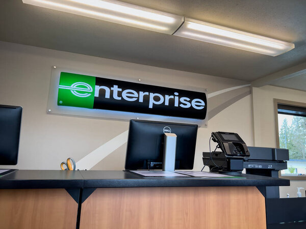 Seattle, WA USA - circa March 2023: Wide, low angle view of the interior of an Enterprise Rent A Car.