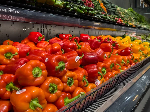 stock image Mill Creek, WA USA - circa March 2023: Close up view of bell peppers for sale inside a Town and Country Market.