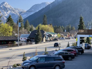 Leavenworth, WA USA - circa April 2023: Wide view of the the village of Leavenworth in late spring. clipart