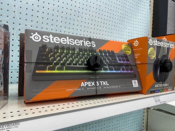 stock image Seattle, WA USA - circa March 10 2023: Close up view of Steelseries products for sale inside a Best Buy store.