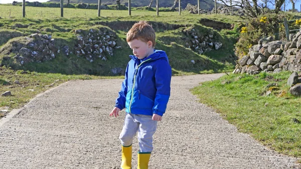 Rudy Chłopiec Niebieskiej Kurtce Żółtych Butach Bawiący Się Pasie Farmie — Zdjęcie stockowe