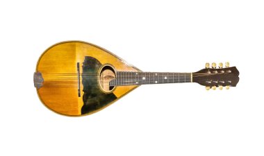 Büyük Buhran döneminden kalma güzel eski model düz mandolin beyaz arka planda izole edilmiş.