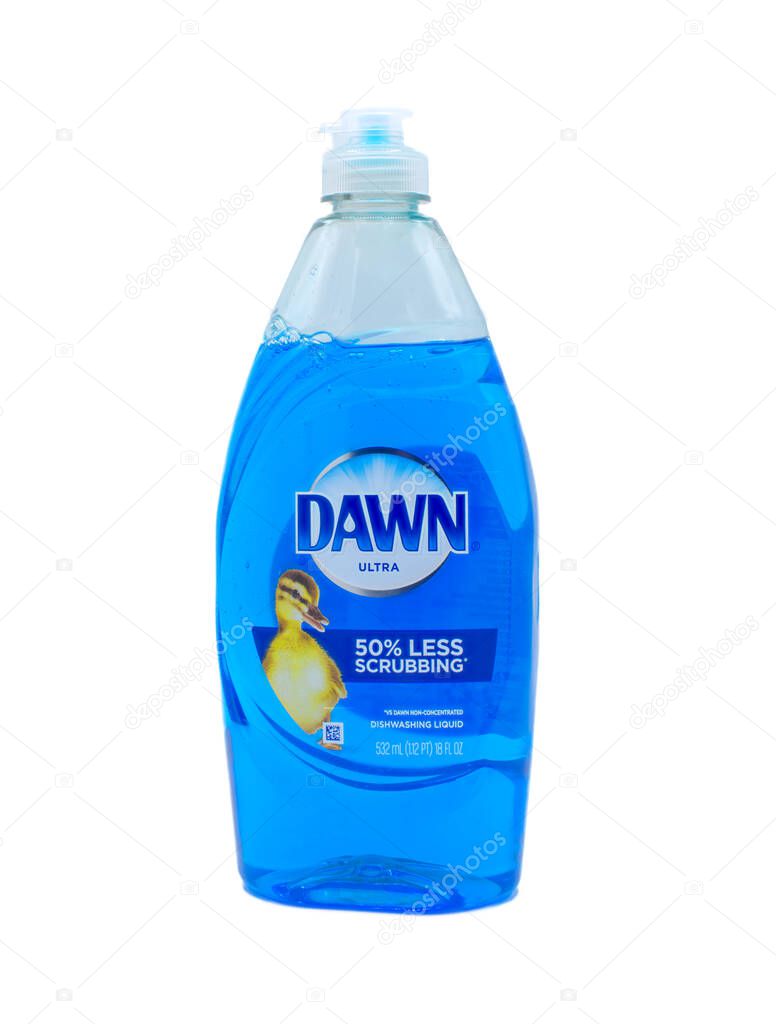 Ocala, Florida USA - 11 02 2023 Dawn dish detergent blue powerwash with cute adorable yellow duck duckling on front to show it is animal friendly and safe for environment. Isolated on white background