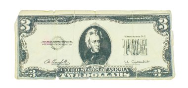 Birleşmiş Anemi Eyaletleri 1970 'lerden kalma üç dolarlık banknot. Başkan Andrew Jackson' ın altında Thomas Jefferson adı var. Nadir bulunan sahte para, gerçek değil, sahte ihale.