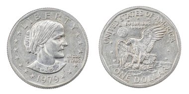 1979 P FG Susan B. Anthony Dollar front and back side. First circulating US coin to feature a woman, produced 79-81 and 99. Depicts suffragist Susan B. Anthony. Perfect for Women Rights discussions. clipart