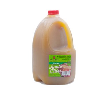 Ocala, Florida 12-16-23 Apple cider fine beverage gallon plastic milk style jug by Mayer brothers since 1852. Pasteurized all natural. Green and red label with red cap.  Isolated on white background clipart