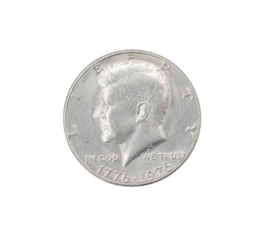 John F. Kennedy Yarım Dolar 200 yıllık gümüş sikke 200 yıllık özgürlük salonu Tanrı 'ya güveniyoruz 1776 - 1976 S ters tarafı beyaz arka planda izole edilmiş