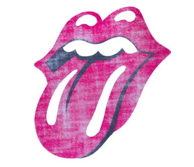 Öcala, Florida 20 Şubat 2024 rock n roll grubu Rolling Stones logosu sıcak dudaklar, dil ve ağız Hindu tanrıçası Kali 'ye dayanıyor. Solmuş kırmızı ekran izi beyaz arkaplanda izole edildi